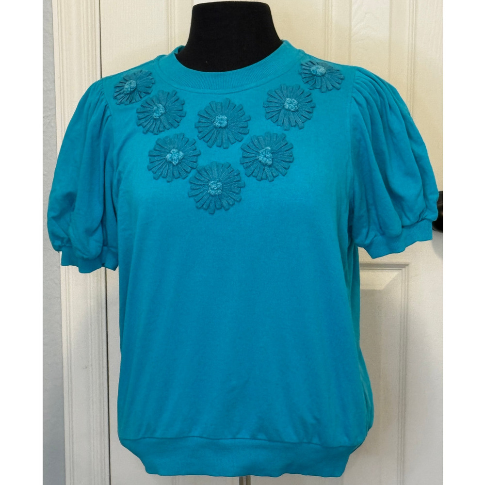 Crown & Ivy Puff Sleeve Knit Sweater L Floral Appliqué Coastal Grandma Vibe